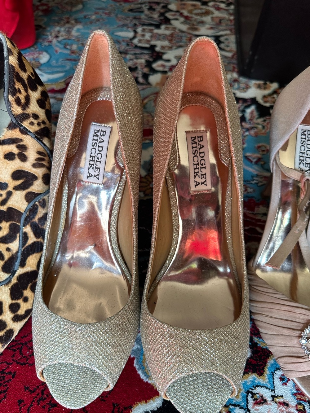 Badgley Mischka Glittering Gold Peep-Toe Heels